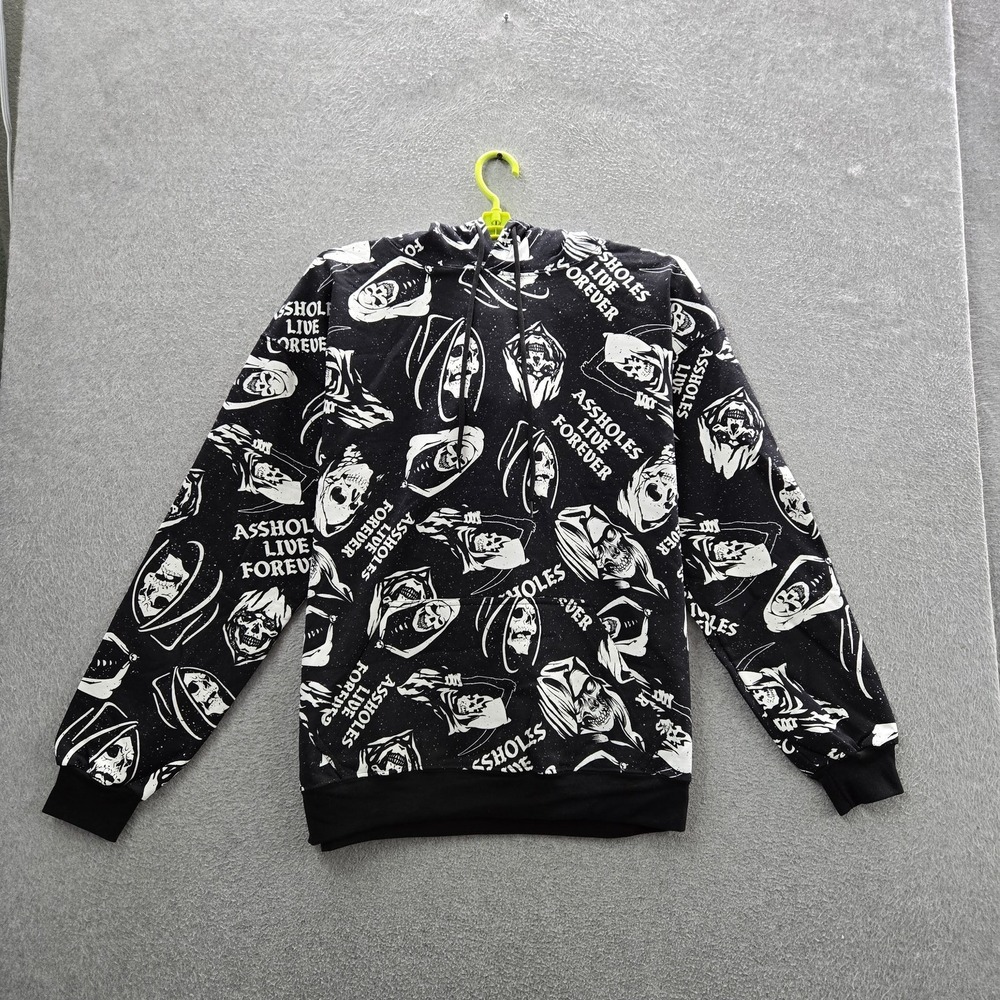 A*sholes Live Forever Men Hoodie LARGE Black Graphic Fleece Skulls Grim Reaper